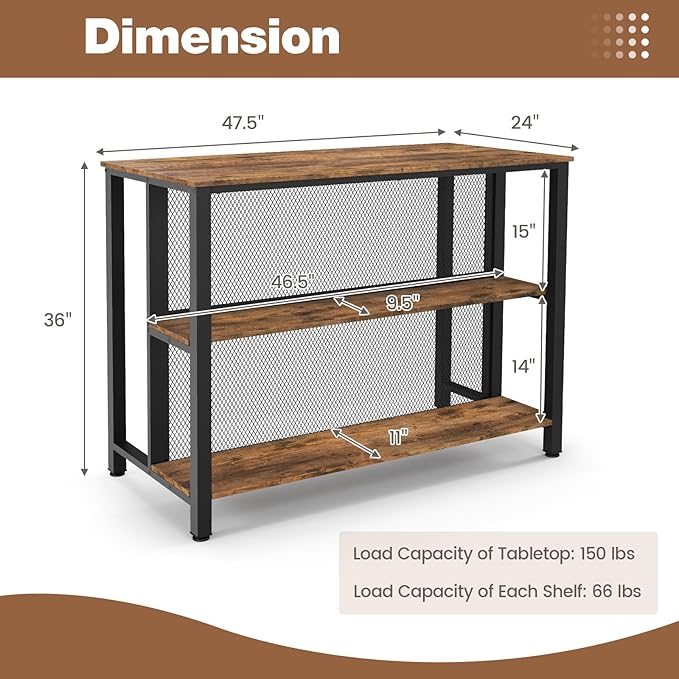 COSTWAY Home Bar Unit, 3-Tier Bar Table with Storage Shelves, Metal Frame, Adjustable Foot Pads, Breakfast Corner Bar Cabinet for Kitchen Island Dining Room (Rustic Brown)