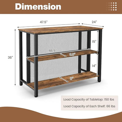 COSTWAY Home Bar Unit, 3-Tier Bar Table with Storage Shelves, Metal Frame, Adjustable Foot Pads, Breakfast Corner Bar Cabinet for Kitchen Island Dining Room (Rustic Brown)
