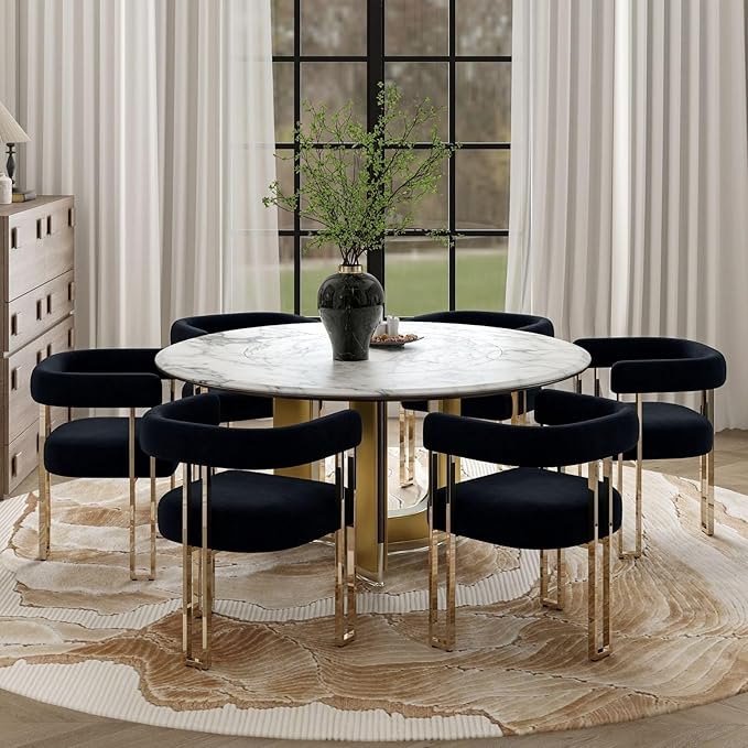 Hyfirm Set of 6 Black and Gold Modern Dining Chairs, Velvet Upholstered Barrel Armchairs with Metal Legs for Kitchen Island, Mid Century Accent Chairs for Dining Room Living Room, Open-Back