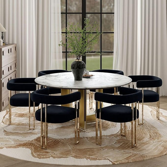 Hyfirm Set of 6 Black and Gold Modern Dining Chairs, Velvet Upholstered Barrel Armchairs with Metal Legs for Kitchen Island, Mid Century Accent Chairs for Dining Room Living Room, Open-Back