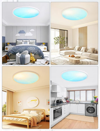20 Inch Flush Mount Ceiling Light with Blue Sky Cover, Dimmable Ceiling Lamp with Remote, 42W LED Lighting Fixtures Sunlight Effect, Modern Slim Design for Classroom Bedroom Living Room, Round White
