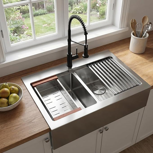 LQS Double Bowl Kitchen Sink, Undermount/Drop In Kitchen Sink, Double Bowl Stainless Steel Kitchen Sinks, 16 Gauge Stainless Steel Handmade Sinks (Stainless Steel, 30" x 22" x 10")