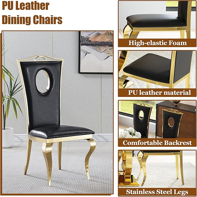 7-Piece Modern Luxury Dining Table Set, 70" Black Tempered Glass Kitchen Table with Gold Polished Stainless Steel U-Shaped Pedestal Base and 6 Black Hollow-Out Design Chairs for Dining Room, Office