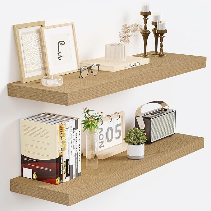 Vivelove 24 Inch Floating Shelves for Wall, 24x9 Display Shelves for Bathroom Living Room Kitchen Bedroom Office Farmhouse Home Decor - Set of 2, Oak