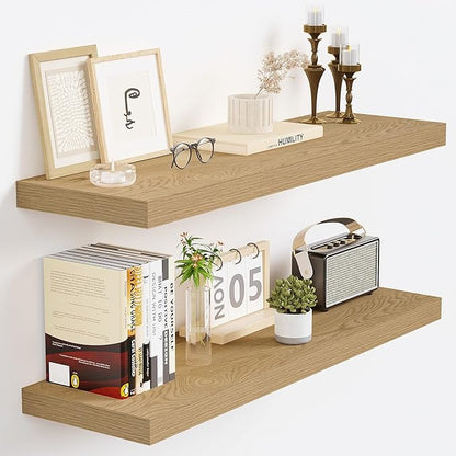 Vivelove 24 Inch Floating Shelves for Wall, 24x9 Display Shelves for Bathroom Living Room Kitchen Bedroom Office Farmhouse Home Decor - Set of 2, Oak