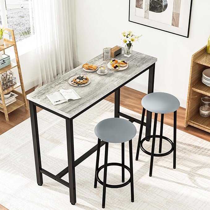 AWQM 39.3" Bar Table Set of 2,Faux Marble Pub Height Table and Chairs Set of 2 with Upholstered Stools,3 Piece Bar Table and Chairs Set Dining Table Set for Living Room,Kitchen,Bar,Grey