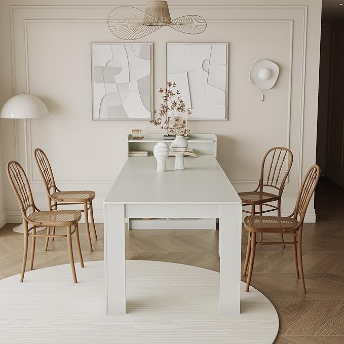 SOFTSEA Extendable Foldable Dining Room Table with Storage, Rustic Rectangle Expandable Kitchen Island, White