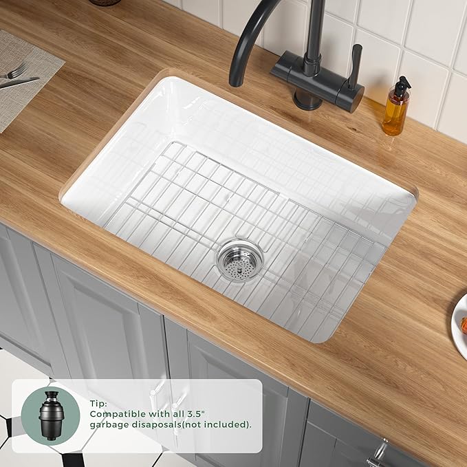 Fireclay White Undermount Kitchen Sink 27 Inch, Topmount White Undermount Laundry Sink 27''Wx19''Dx10''H Drop In Single Bowl, Heavy Duty Deep Basin, Dual Mount, for Kitchen, Island, Laundry