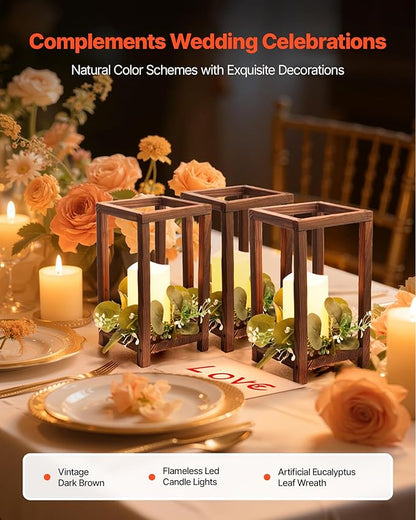 VEVOR 12 Set/36 Pcs Wooden Wedding Lantern Centerpiece, Includes 12 Wooden Lantern Candle Holder 12 Flameless LED Candle 12 Eucalyptus Leaves Wreath for Wedding Table Party Farmhouse Decor, Brown