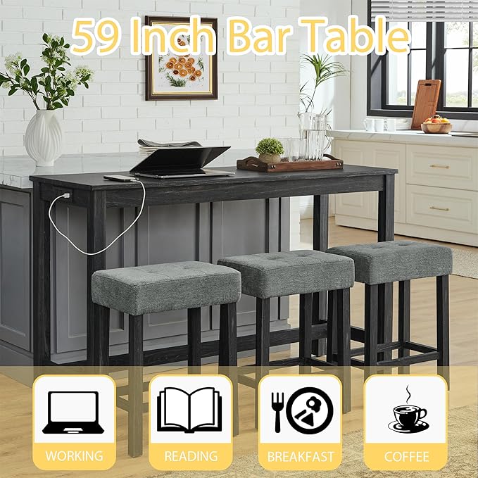 Merax 59" Bar Table Set with Power Outlet,Industrial Breakfast Table with 3 Upholstered Stools w/Footrest,4 Piece Counter Height Bar Table and Chair Set for Living Room,Dining Room,Kitchen,Black