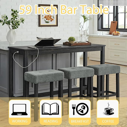 Merax 59" Bar Table Set with Power Outlet,Industrial Breakfast Table with 3 Upholstered Stools w/Footrest,4 Piece Counter Height Bar Table and Chair Set for Living Room,Dining Room,Kitchen,Black