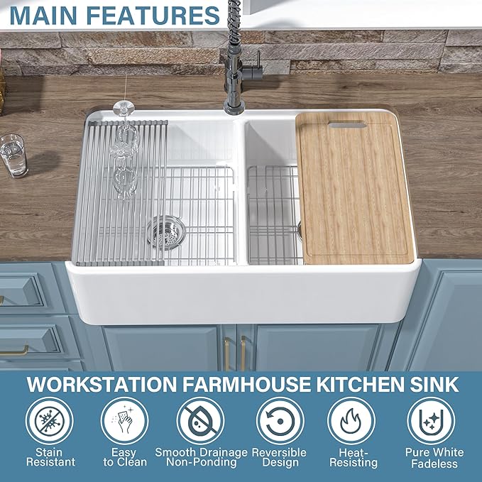 Double Bowl Farmhouse Sink Workstation White 33 x 20 Inch, Firecaly Apron Front Undermount Farm Sink Reversible(Sleek & Fluted Optional), Heavy-duty Dual Basin 50/50, for Kitchen