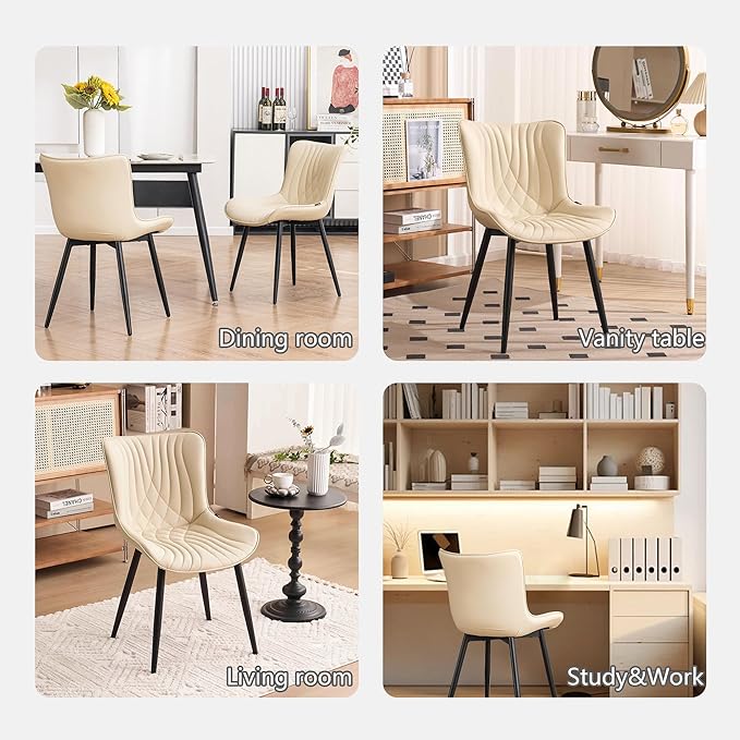 Kidol & Shellder Dining Chairs Set of 2, Mid Century Modern Kitchen Chairs with Black Metel Legs, PU Leather Upholstered Side Chair for Dining Room, Living Room, Lounge, Restaurant, Beige