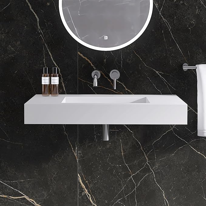35"X19" Wall Mount Sink Matte Bathroom Vanity Vessel Sinks Artificial Stone Rectanglee Indoor Outdoors Modern Floating or Countertop Freestanding Wall Hang Sink Bowl (without Holes 35'')