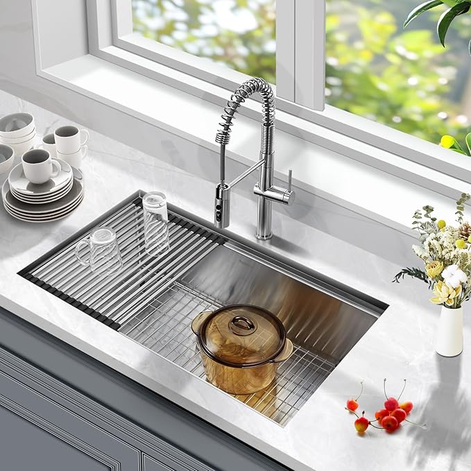 30 Inch Undermount Kitchen Sink Workstation, Stainless Steel Handmade 10”Deep Large Single Bowl Undermount Sink 30x19 with Accessories (Brushed)