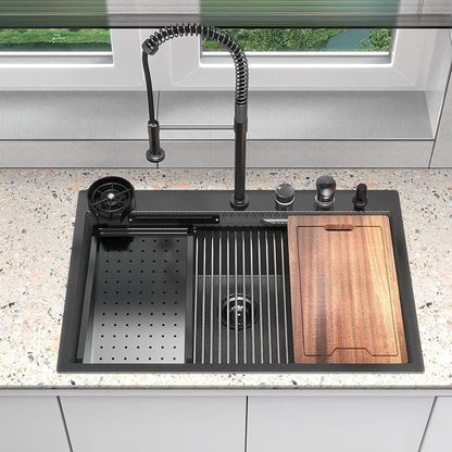 33x22 inch Waterfall Kitchen Sink Metal Black -Feibus 33inch Drop In Sink with Faucet Combo Double Step Workstation16 Gauge Multifunctional Stainless Steel Single Bowl