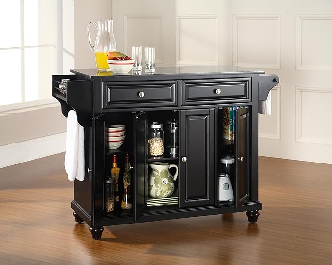 Crosley Furniture Cambridge Granite Top Rolling Kitchen Island Storage Cart, Microwave Stand, Spice Rack, Black