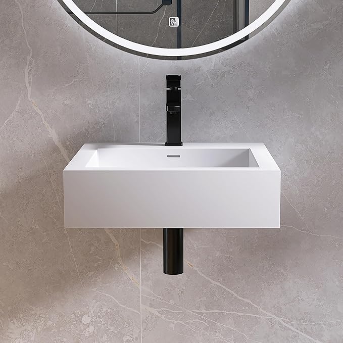 Small Vessel Sink, 19" x 19" Wall Mount Bathroom Sink, Stone Resin Floating Sinks with Overflow, Square Solid Surface Floating Vessel Sinks, White