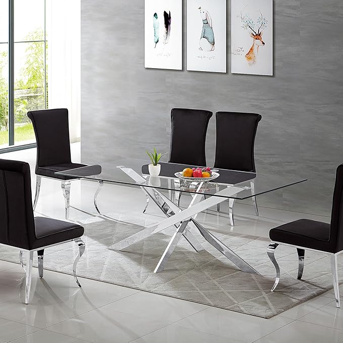 Luxury Silver Glass Dining Table for 4 Modern 51" Rectangular Kitchen & Dining Room Table with X-Shape Stainless Steel Base Large Clear Glass Top Dining Table for Home Office
