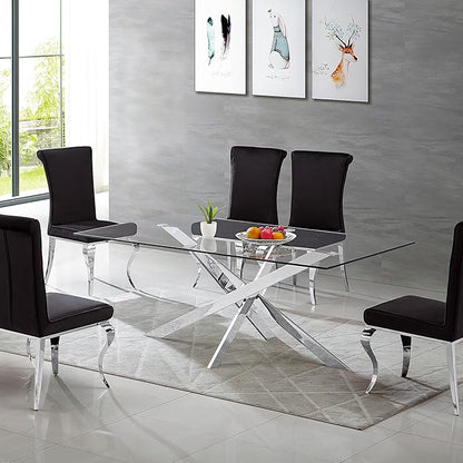 Luxury Silver Glass Dining Table for 4 Modern 51" Rectangular Kitchen & Dining Room Table with X-Shape Stainless Steel Base Large Clear Glass Top Dining Table for Home Office