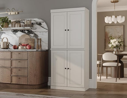 Palace Imports Solid Wood Kitchen Pantry Cabinet - 71.5" Tall x 32" Wide - Wooden Storage Cabinet with 4 Raised Panel Doors & Adjustable Shelves, Off White, Renewable Eco-Friendly, Modular Cabinets