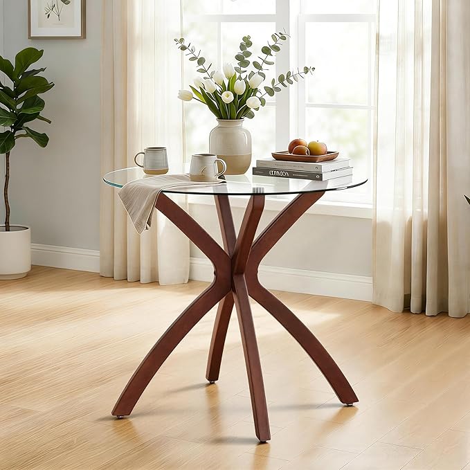 ivinta Small Glass Dining Table for 2-4 People, 31.5-Inch Round Coffee Table with Solid Wood Legs, Mid-Century Modern Kitchen Table for Dining Room, Living Room, Restaurant, CURD-80 (Rustic Brown)