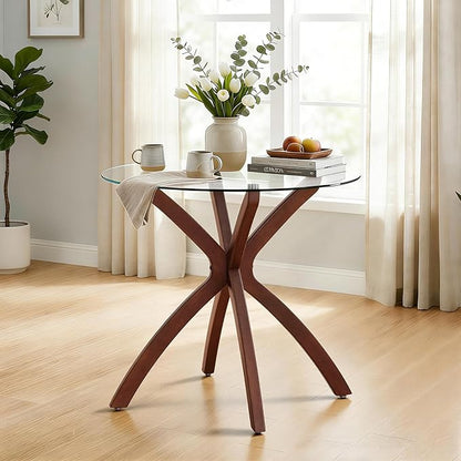 ivinta Small Glass Dining Table for 2-4 People, 31.5-Inch Round Coffee Table with Solid Wood Legs, Mid-Century Modern Kitchen Table for Dining Room, Living Room, Restaurant, CURD-80 (Rustic Brown)