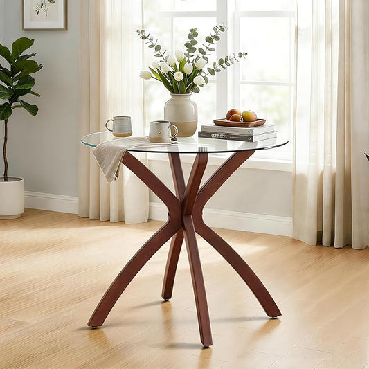 ivinta Small Glass Dining Table for 2-4 People, 31.5-Inch Round Coffee Table with Solid Wood Legs, Mid-Century Modern Kitchen Table for Dining Room, Living Room, Restaurant, CURD-80 (Rustic Brown)