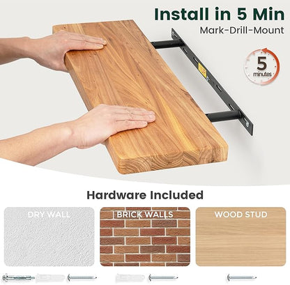 36 Inch Flat Edge Floating Shelves, 8 Inch Deep Solid Elm Wood Wall Shelf, Heavy-Duty Wall Mounted Shelf with Invisible Brackets for Living Room, Bathroom, Kitchen, Set of 2, Natural Color
