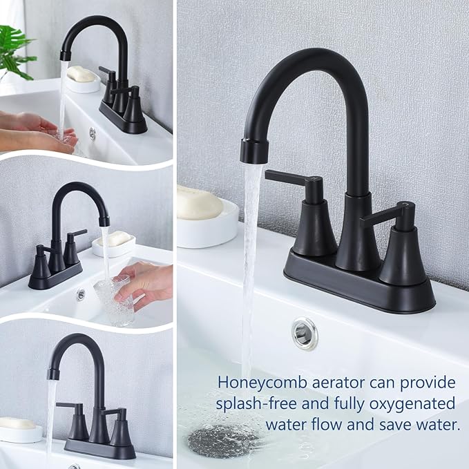 VCCUCINE Bathroom Faucet Matte Black 2 Handle,4-Inch Centerset Bathroom Sink Faucet with pop-up Drainer and 2 Water Supply Hoses, 360°Swivel Spout Bath Rv Lavatory Vanity,2 Pack,VC-MC-010B-2