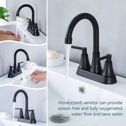 VCCUCINE Bathroom Faucets for Sink 3 Hole, Hurran 4 inch Matte Black with Pop-up Drain and 2 Supply Hoses, Stainless Steel 2-Handle Centerset Faucet for Sink Vanity