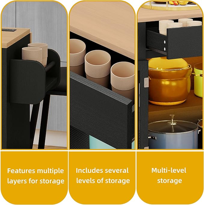 DWVO Kitchen Island with Drop Leaf, Mobile Kitchen Storage Islands with Power Outlet & LED Lights, 37.5" Rolling Dinning Table with Seating, 2 Soft Cushion Bar Stools, Towel & Spice Rack, Qak Black