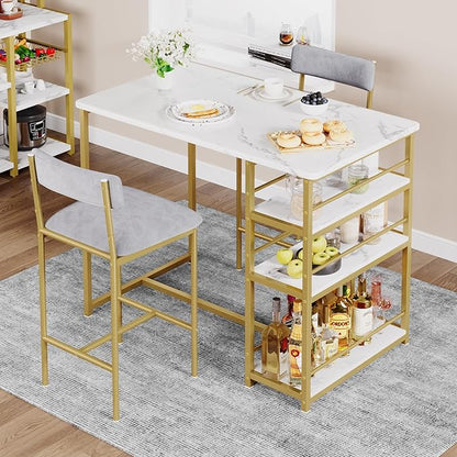 TrailBlaze 3-Piece Dining Table Set for 2, Counter Height Bar Table with 3 Storage Shelves, Soft Fabric Upholstered Chairs - Space-Saving Kitchen & Dining Room for Apartment, Small Spaces - Golden