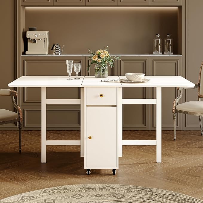 No Assembly Required Foldable Dining Table, Space Saving Extendable Kitchen Island with Drop Leaves for 2-6 People, Collapsible Craft Table with Movable Swivel Wheels for Small Spaces, White