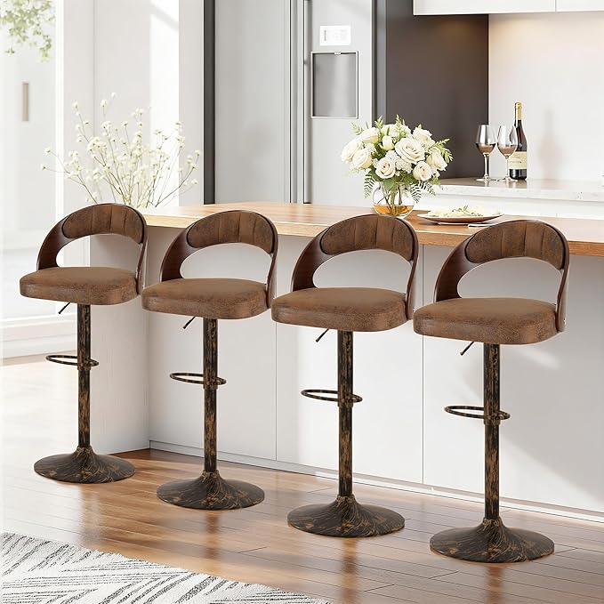 VECELO Bar Stool Set of 4, Kitchen Island Stools with Bentwood Back,Arm&Footrest,360°Swivel Counter Height Stools,PU Leather Cushion Seat Adjustable Height for Club Pub&Kitchen, Rustic Brown
