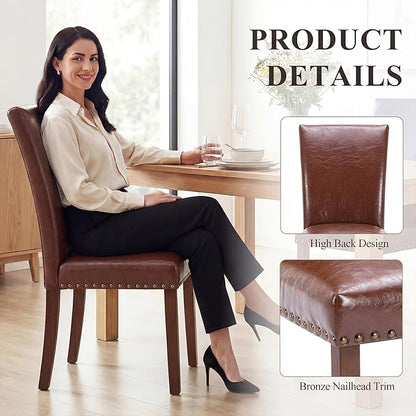 COLAMY Upholstered Parsons Dining Chairs Set of 4, PU Leather Dining Room Kitchen Side Chair with Nailhead Trim and Wood Legs - Light Brown