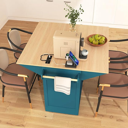 55.7'' Large Kitchen Island with 2 Drop Leaf, Rolling Kitchen Cart on 5 Wheels with Power Outlet, Folding Storage Dining Table with Spice and Towel Rack, 3 Drawers for Kitchen, Dining Room (Green-JAB)