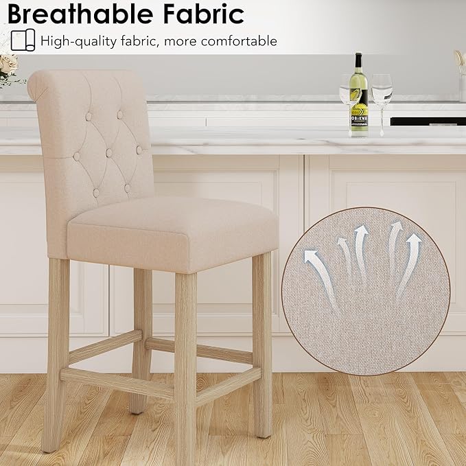 LSSBOUGHT 24 Inches Upholstered Counter Stools, Bar Stools Set of 2, Fabric Counter Stools with Back, Counter Height Bar Chairs with Solid Wood Legs for Home Kitchen Island Dining Room, (2pcs,Beige)