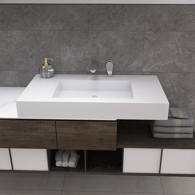 35"X19" Wall Mount Sink Matte Bathroom Vanity Vessel Sinks Artificial Stone Rectanglee Indoor Outdoors Modern Floating or Countertop Freestanding Wall Hang Sink Bowl (without Holes 35'')