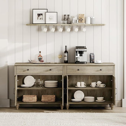 WAMPAT Large Buffet Cabinet with 8 Doors and 4 Drawers, Modern Coffee Bar Table Wood Kitchen Storage Cabinets, Farmhouse Sideboard Credenza for Dining Room, Wash Grey, 134 inch