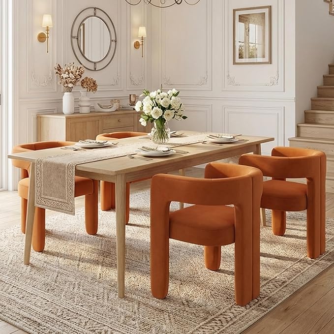 VESCASA Modern Barrel Dining Chairs Set of 2 with Open Back, Upholstered Velvet Accent Kitchen Armchairs with Wood Legs for Dining Room Reception Small Space, Orange