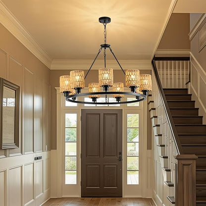 9-Light 32" Boho Rattan Chandeliers for Dining Room,Farmhouse Wagon Wheel Chandeliers,Adjustable Height Hanging Round Pendant Lighs for Kitchen Island,Wicker Lampshade Chandelier Light Fixture