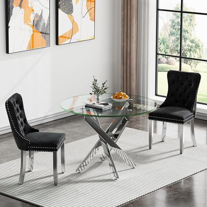 Round Glass Dining Table,Dining Room Table with Metal Legs, Modern Kitchen Table for Home, Kitchen, Dining Room