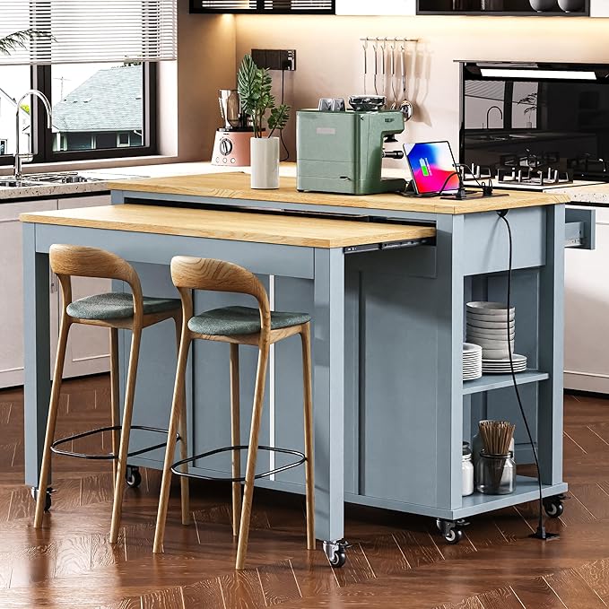 Modern Dining Table Kitchen Island with Extendable Table, Rubber Wood Veneer Dining Table with Rack, Power Outlet, Wood Design for Kitchen Living Room,Blue-MDF