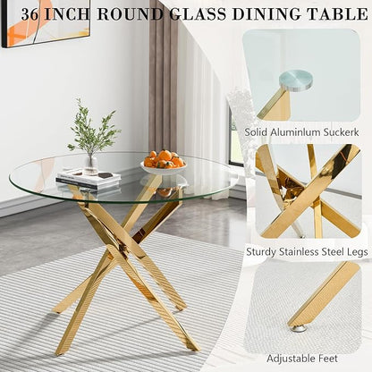 36" Round Dining Table for 4, Glass Kitchen & Dining Room Tables, Modern Circle Dining Room Table w/Tempered Glass Tabletop Gold Finish Metal Legs for Dinner Small Spaces