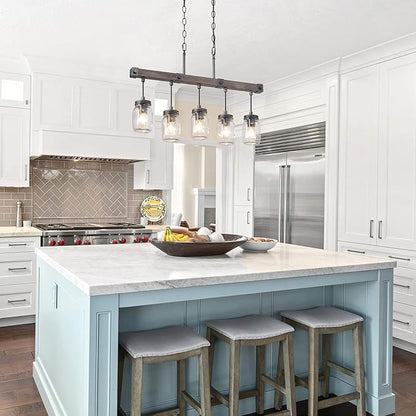 Mason Jar Chandelier, 5-Light Farmhouse Chandelier for Dining Room, 25.5" Rustic Island Lighting with Clear Glass Globes