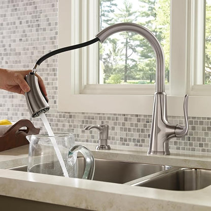 Pfister Pasadena Kitchen Faucet with Pull Down Sprayer and Soap Dispenser, Single Handle, High Arc, NSF Certified, Stainless Steel Finish, F5297PDS