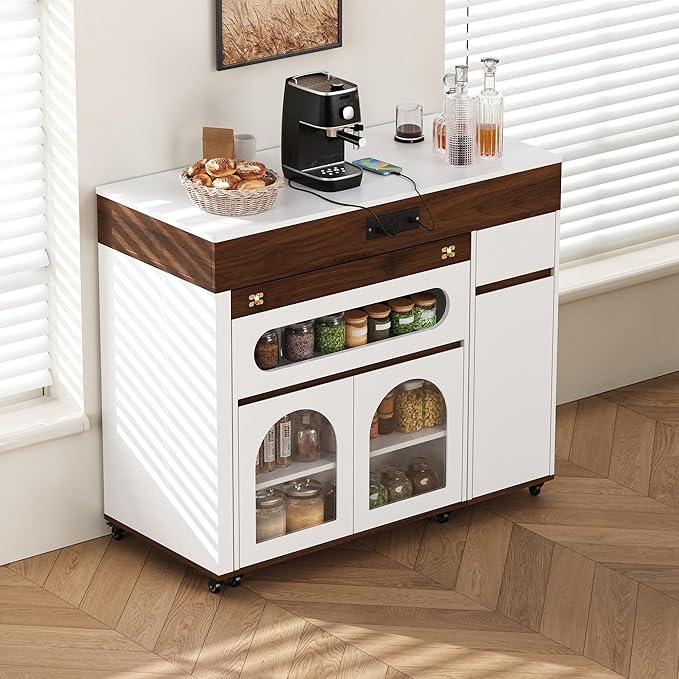 GDFStudio TREXM 73.8" Extendable Dining Table with Extra-Long Folding Top, Rolling Kitchen Island with Power Outlet, Drawers and Brake Lock, Walnut & Creamy White Storage Cabinet