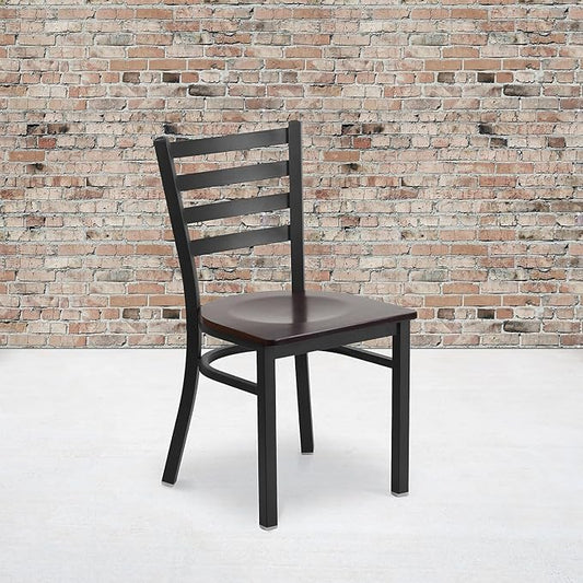 Flash Furniture 2 Pack HERCULES Series Black Ladder Back Metal Restaurant Chair - Walnut Wood Seat