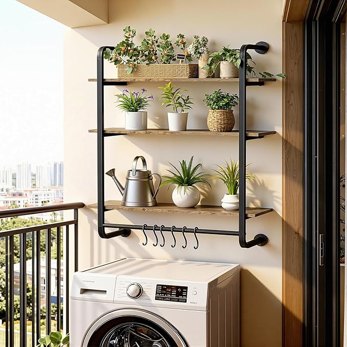 3 Tier Industrial Pipe Floating Shelf, 24" Kitchen Wall Shelves with Towel Bar & 6 Hooks, Coffee Bar Shelves Display Bookshelf Wall Shelf for Kitchen, Bathroom, Home Décor, Rustic Brown